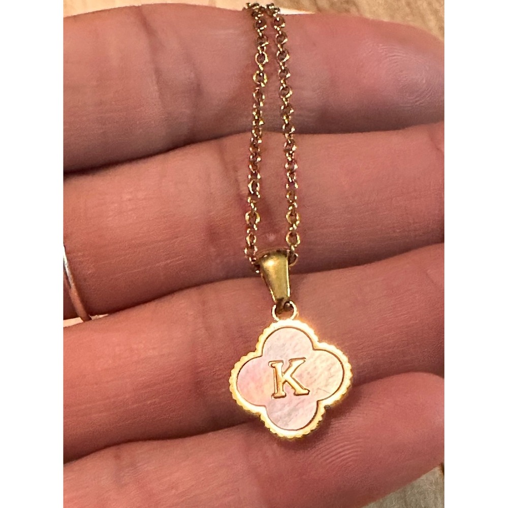 Gold Stainless Steel Mother of Pearl Initial K Clover Necklace Personalized